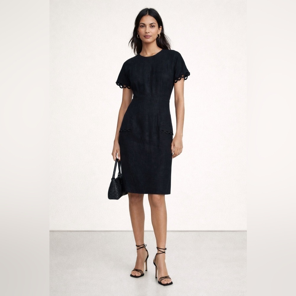 Vintage 80s Nipon Boutique 100% linen black knee length dress w/scallop accent 8
